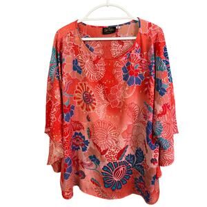 Bob Mackie Wearable Art Blouse XL Orange Floral Sequins Embellish Batwing Summer